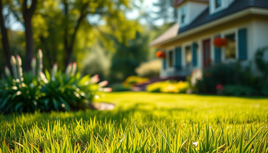 Lush green lawn in warm sunlight with blurred garden and house.