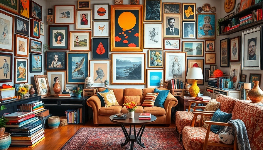 Colorful cluttercore style living room with varied decor and art.