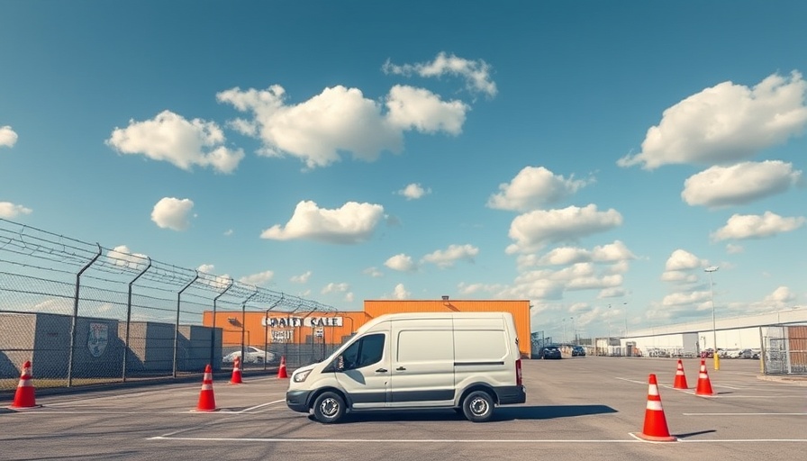 Secure facility with van and barbed wire, bright sky backdrop.