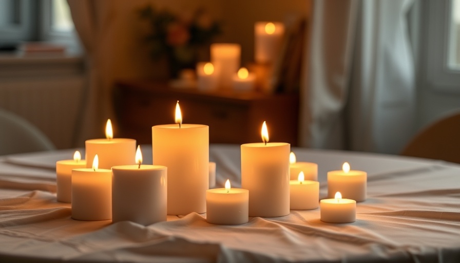 Warmly glowing candles on a white tablecloth.