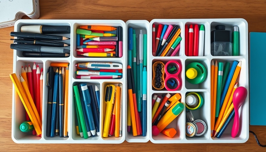 Organized school supplies in trays showcasing back-to-school organization tips.