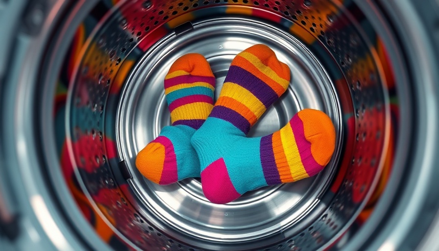 Colorful socks inside washing machine drum for washing clothes inside out.
