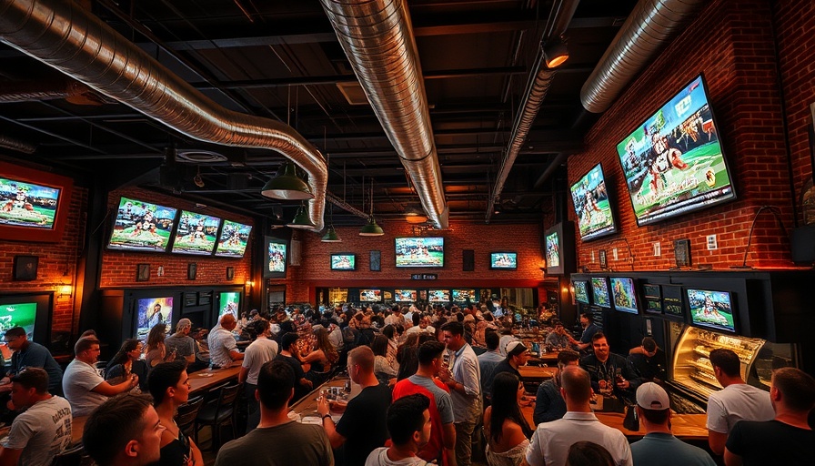 Bustling sports bar in Houston with crowd and large screens.