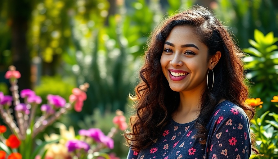 Woman smiling in outdoor setting discussing metabolic health and glucose monitoring.