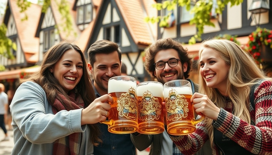 Friends celebrating at a Houston fall festival with beer steins.