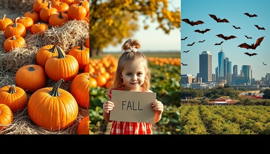 Experience Fall Activities in Austin: fall scenes with pumpkins, field, and skyline.