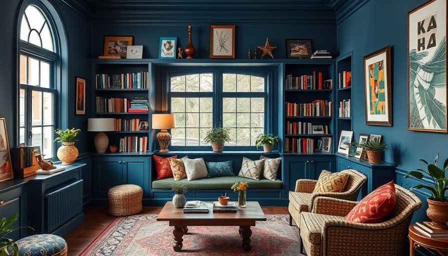 Cozy living room with 2026 paint color trends, featuring deep blue walls.