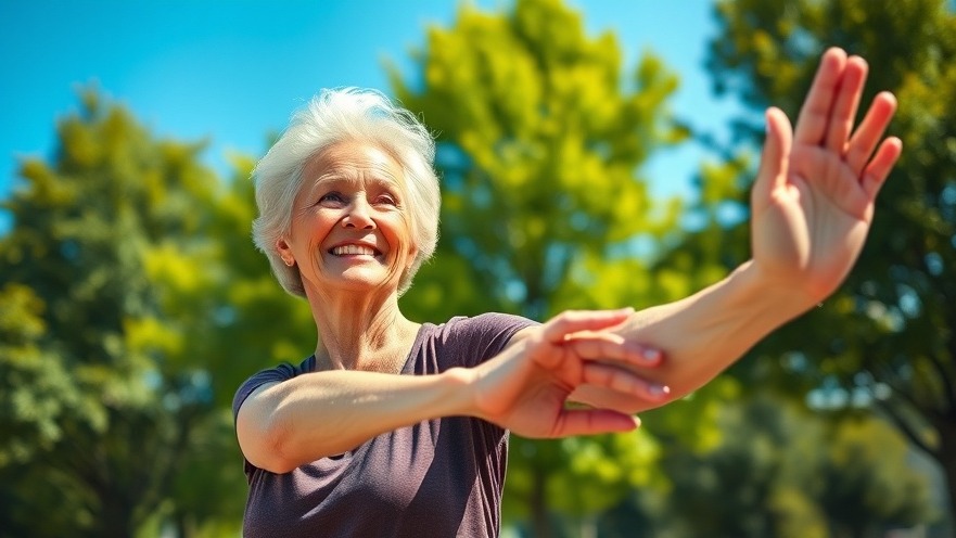 Smiling senior woman performing mobility exercises for seniors in a vibrant outdoor setting.