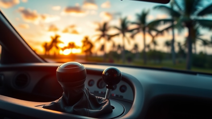 Photorealistic manual gear shift in a sports car at sunset, highlighting driving experience.