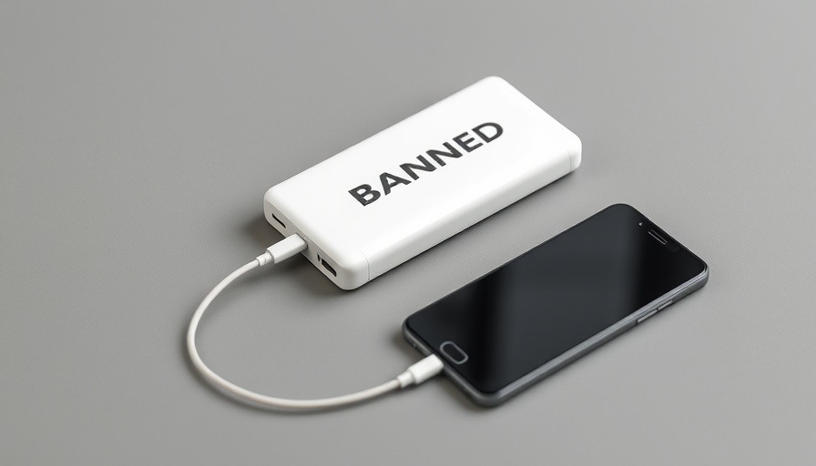 Power bank labeled 'BANNED' connected to smartphone - UAE Airlines Power Bank Rules.