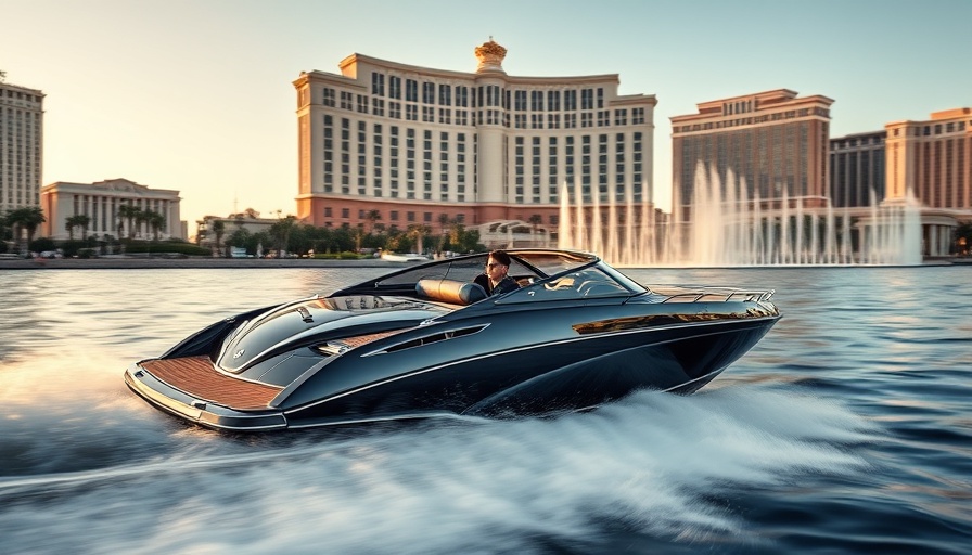 Luxury speedboat cruising by Bellagio fountains in Las Vegas, capturing opulence.