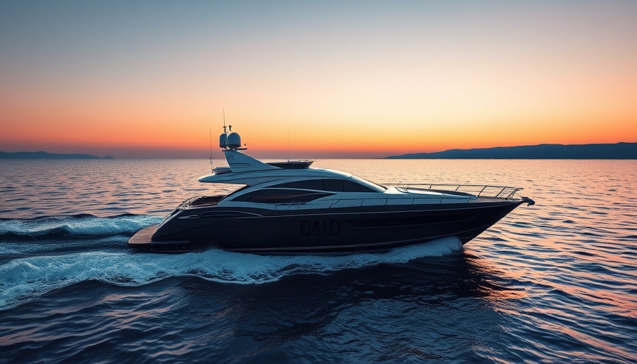 Luxurious custom yacht design at sunset on open sea.