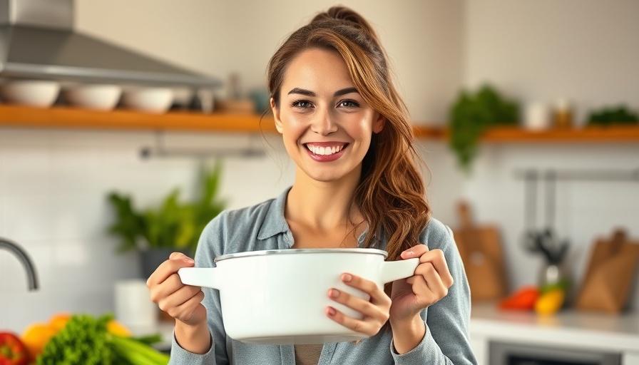 Smiling woman preparing plant-based cuisine in a bright kitchen.