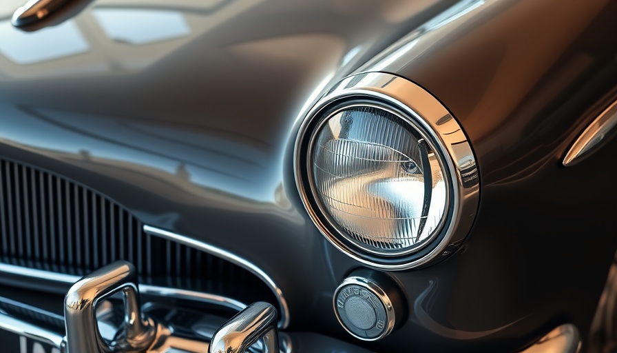 Vintage car with unique headlights and wipers, classic chrome detailing.