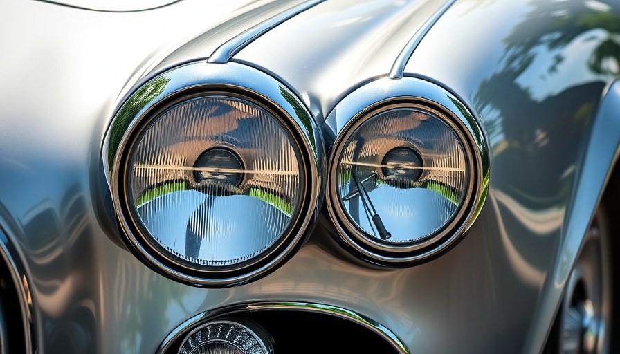 Chrome car headlights with wipers on vintage vehicle