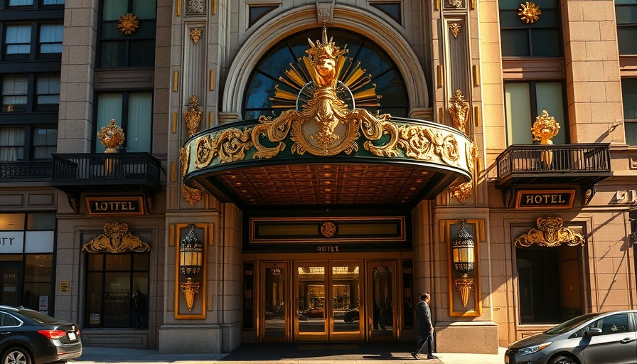 Historic hotel in NYC with Art Deco design and gold accents.