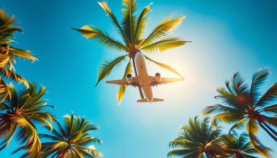 Airplane flying over palm trees, scenic flights 2025, vibrant sky.