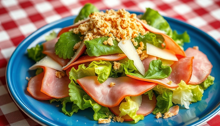 Colorful winter salad with ham and cheese on blue plate.