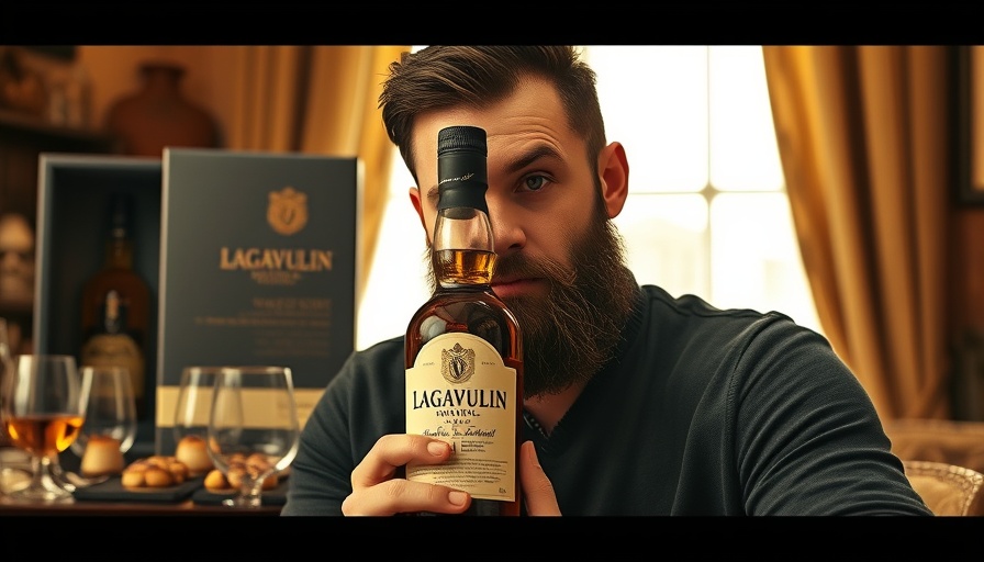 Nick Offerman Lagavulin Whisky vintage style with bottle and dessert.