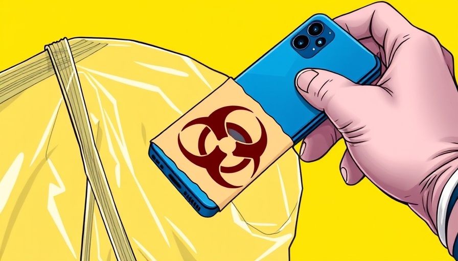 Cartoon hand placing phone in biohazard bag, etiquette concept.