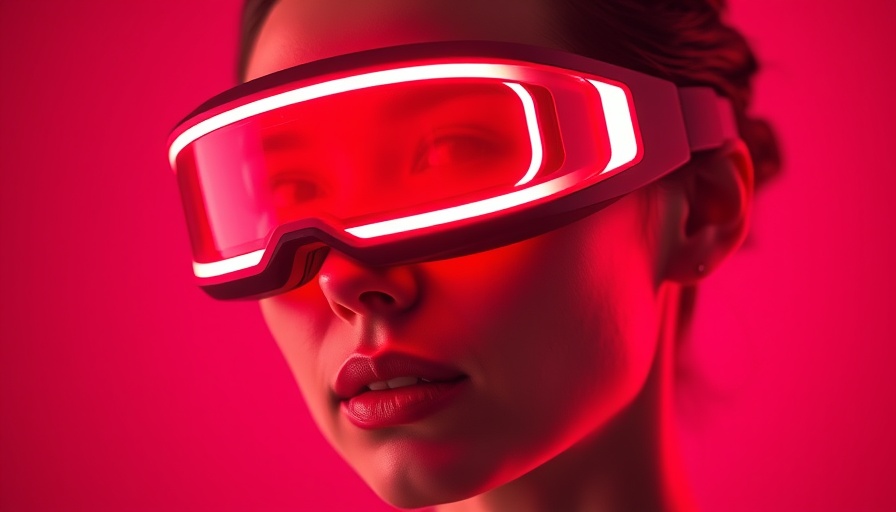 A woman wearing a LED eye mask with red light on pink background.