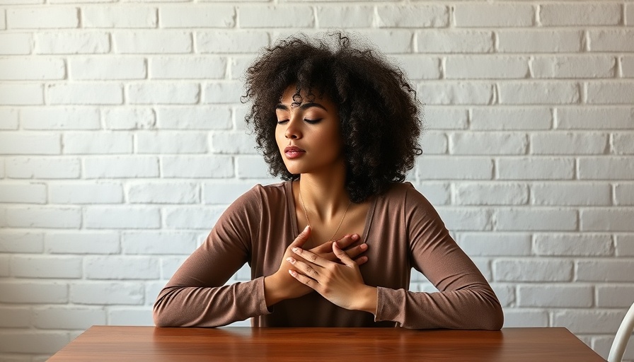 Gentle practice for painful emotions: woman with hands on heart at a table.