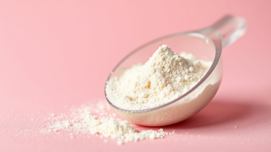 Protein powder scoop on pink background, close-up view