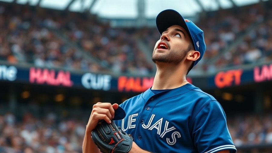 Blue Jays player excited during Game 7, looking upwards.