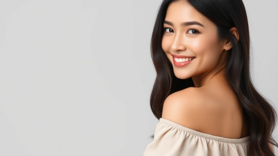 Confident woman with dark hair, simple background.