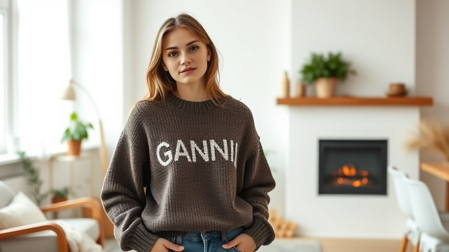 Young woman wearing Ganni sweater in stylish interior, Ganni resale service.