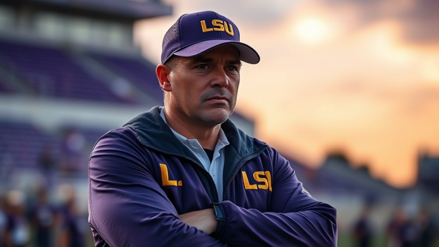 LSU coach in stadium with focused expression, LSU fires Brian Kelly.