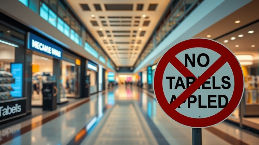 Modern mall with 'No Tariffs Applied' sign, showcasing tariff-free impact.