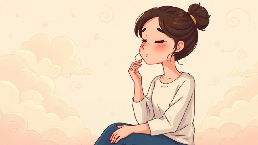 Gentle cartoon of a woman sitting on abstract hands with serene background, illustrating self-compassion during suffering.