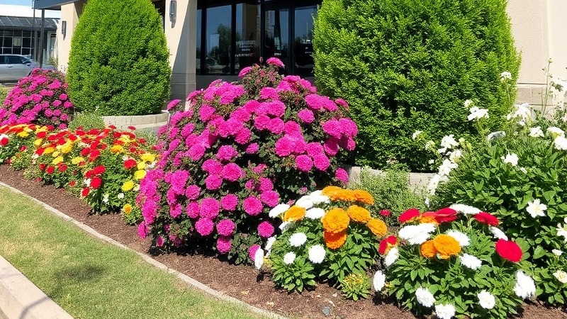 Commercial building with vibrant flowers and lush short shrubbery landscaping.