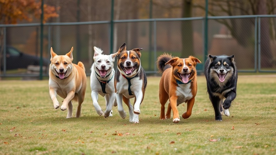 Energetic bunch of dogs running joyfully at a dog park