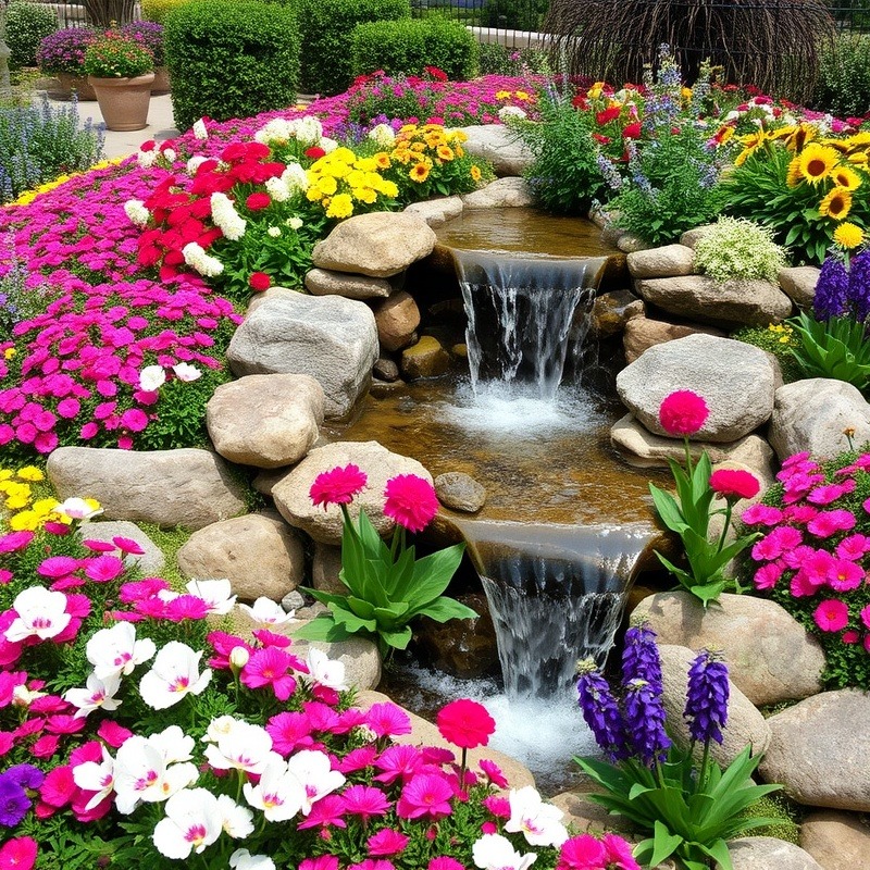 Beautiful flower bed with a waterfall creating a serene landscape.