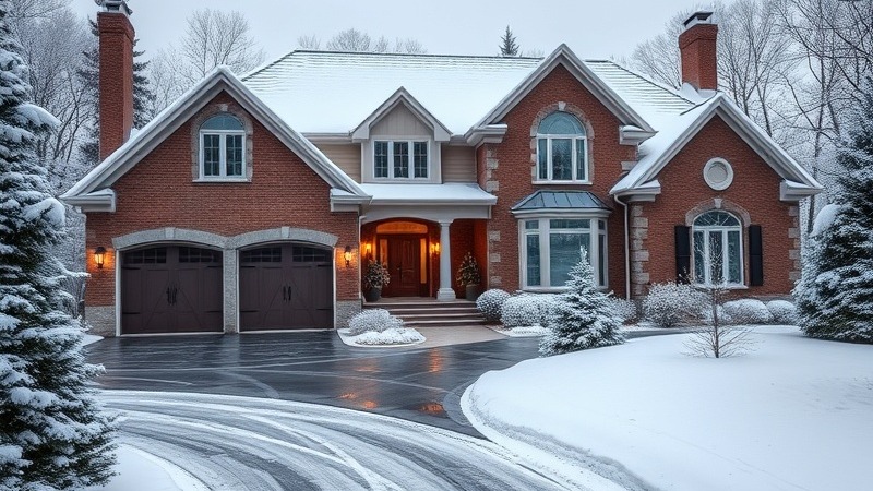 Beautiful home with double car driveway in snowfall, creating a winter wonderland.
