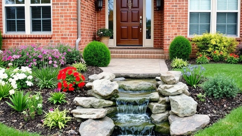 Scenic sidewalk in front of a brick home with vibrant flower beds and a waterfall.