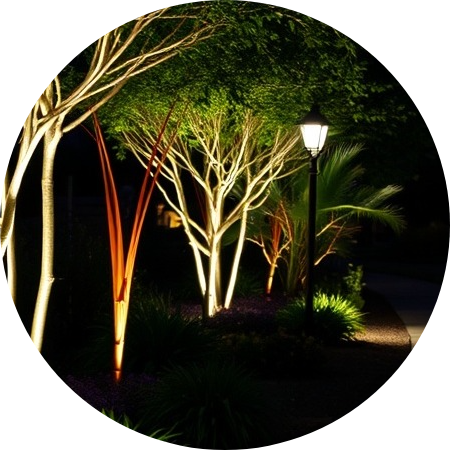 Elegant landscape lighting illuminating a beautiful garden at dusk.