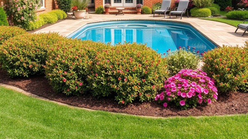 Back view of a brick home with a pool, lush bushes, and vibrant flowers.