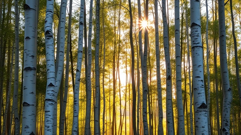 Beautiful grove of birch trees with sunshine filtering through leaves.