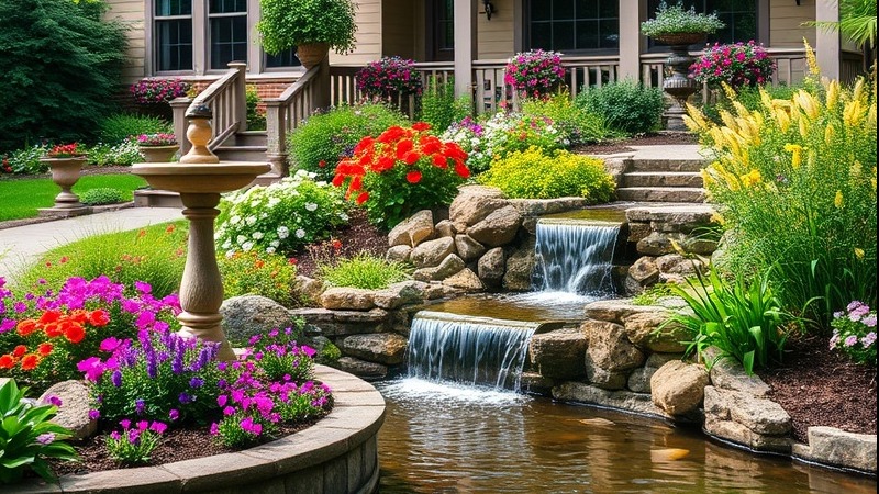 Charming house with flower beds, a bird bath, and a serene waterfall.