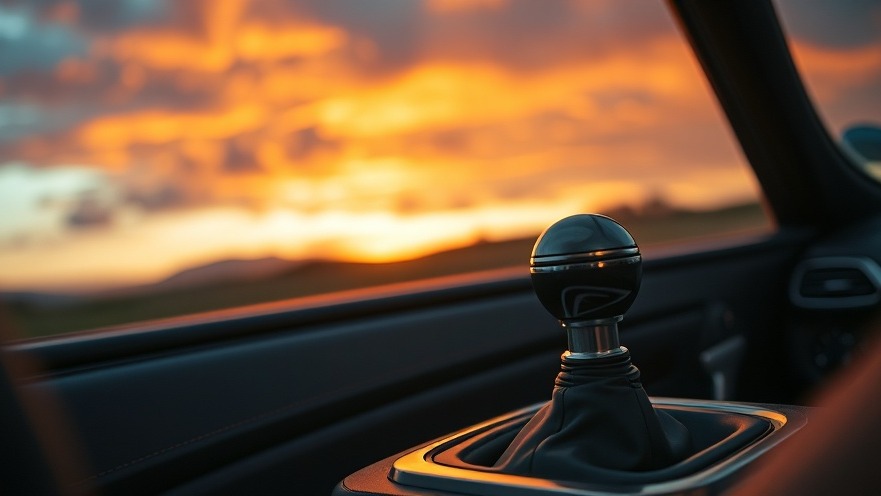 Surreal manual gear shift in convertible at sunset, showcasing driving experience and automotive technology.