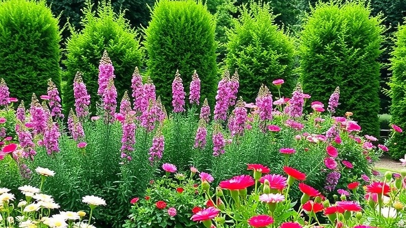 Beautiful garden featuring short bushes in the back and vibrant flowers upfront.