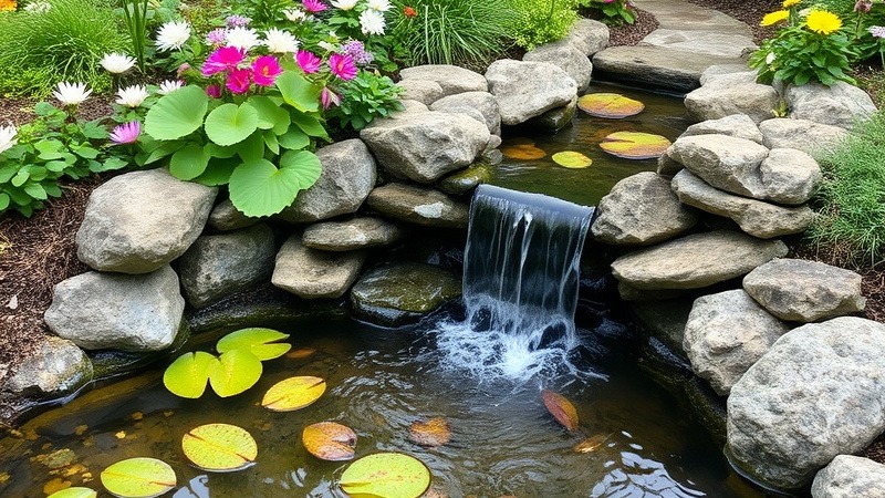 Serene yard featuring a small waterfall with flowers and lily pads.