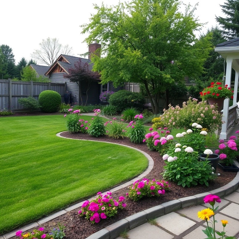 Lush large backyard featuring vibrant flower beds along the edge.