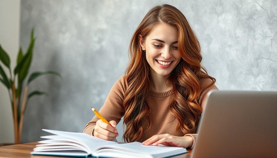 Young woman researching inherited IRA on laptop, smiling, focused.