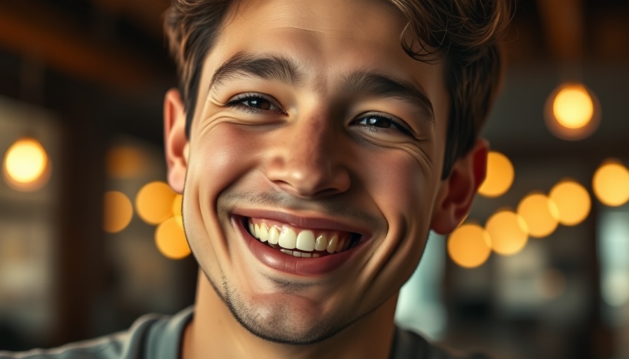 Young man smiling warmly, indoor ambient lighting.