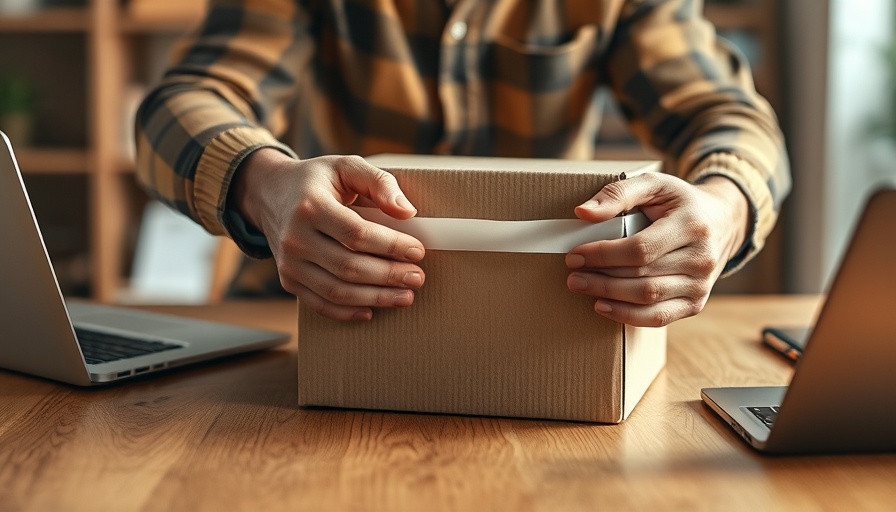 Person packing a box with tablet and laptop, business reporting.