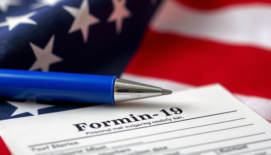 Form I-9 with pen on American flag background.